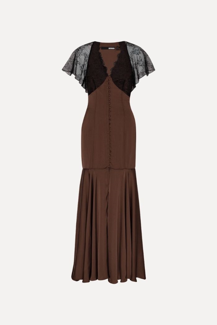 Rotate, Lace Maxi V-Neck Dress, Chicory Coffee